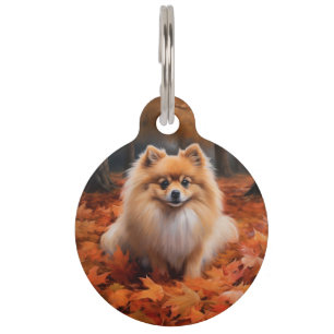Pomeranian in Autumn Leaves Fall Inspire Pet Tag