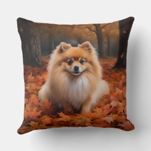Pomeranian in Autumn Leaves Fall Inspire Throw Pillow