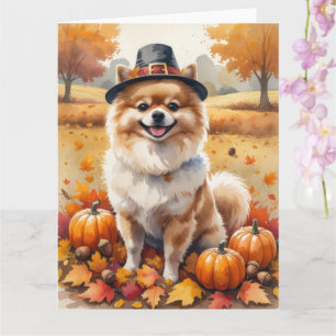 Pomeranian In Autumn Leaves Thanksgiving Art Card