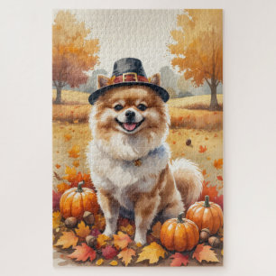 Pomeranian In Autumn Leaves Thanksgiving Art Jigsaw Puzzle