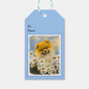 Pomeranian in Daisies Painting - Original Dog Art Gift Tags