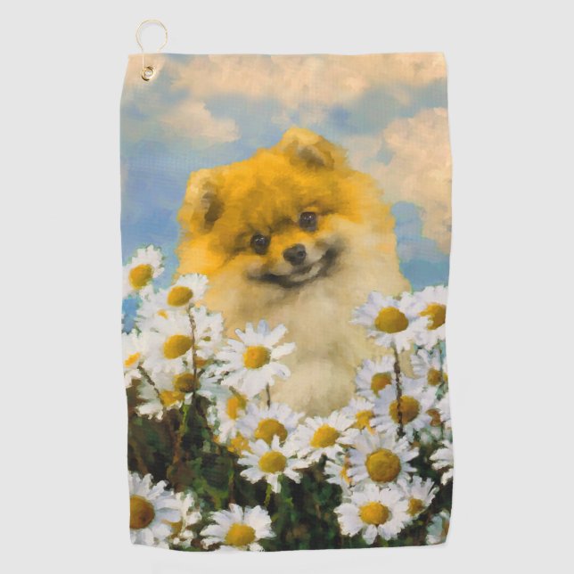 Pomeranian in Daisies Painting - Original Dog Art Golf Towel (Front)