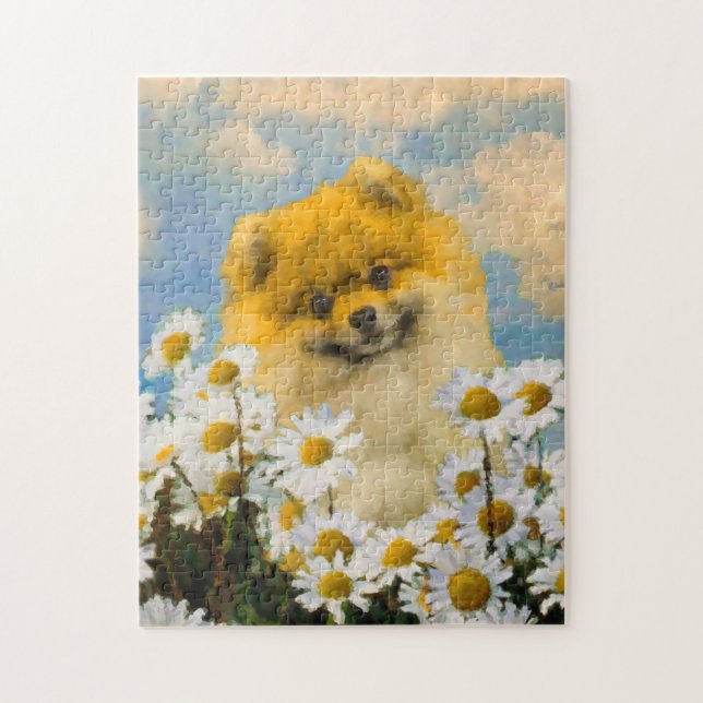 Pomeranian in Daisies Painting - Original Dog Art Jigsaw Puzzle (Vertical)