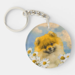 Pomeranian in Daisies Painting - Original Dog Art Keychain