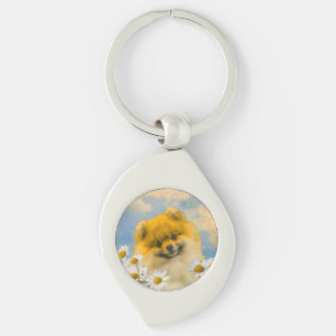 Pomeranian in Daisies Painting - Original Dog Art Keychain