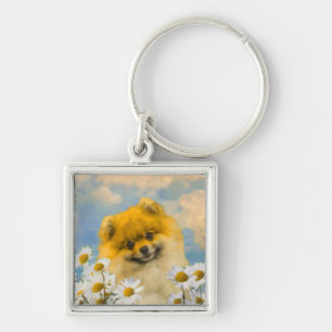 Pomeranian in Daisies Painting - Original Dog Art Keychain