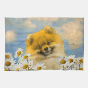 Pomeranian in Daisies Painting - Original Dog Art Kitchen Towel