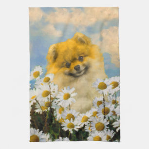 Pomeranian in Daisies Painting - Original Dog Art Kitchen Towel