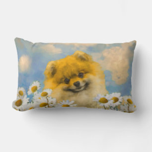 Pomeranian in Daisies Painting - Original Dog Art Lumbar Pillow
