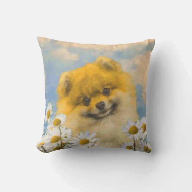Pomeranian in Daisies Painting - Original Dog Art Outdoor Pillow (Front)