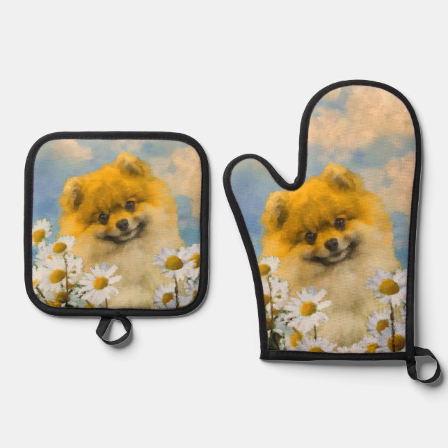 Pomeranian in Daisies Painting Original Dog Art Oven Mitt & Pot Holder Set (Front)