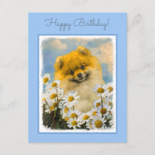 Pomeranian in Daisies Painting - Original Dog Art Postcard