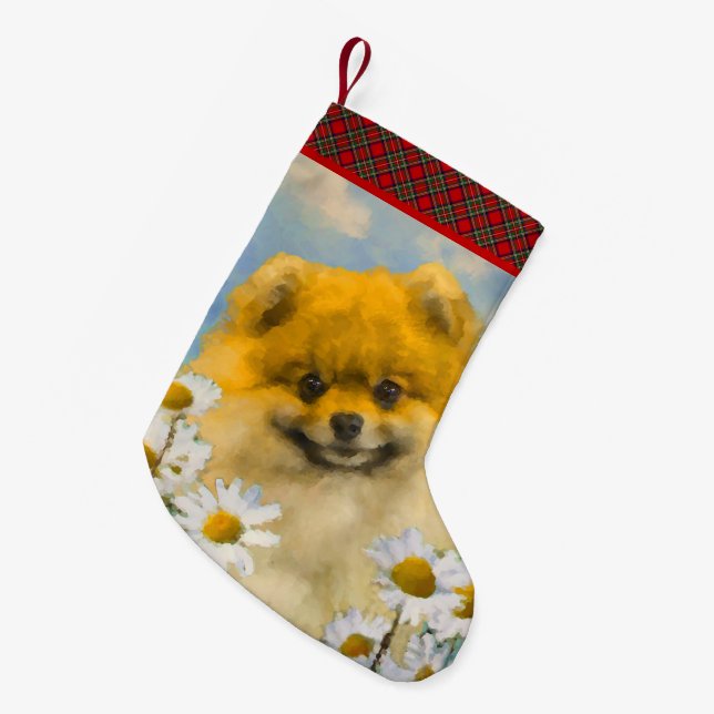 Pomeranian in Daisies Painting - Original Dog Art Small Christmas Stocking (Front (Hanging))
