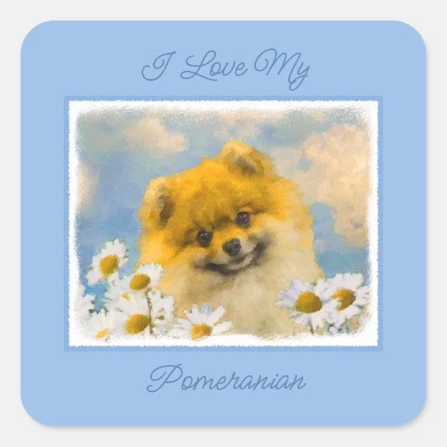Pomeranian in Daisies Painting - Original Dog Art  Square Sticker (Front)
