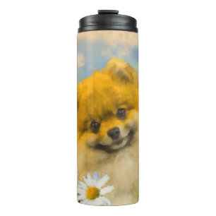 Pomeranian in Daisies Painting - Original Dog Art Thermal Tumbler