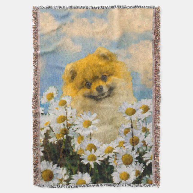Pomeranian in Daisies Painting - Original Dog Art Throw Blanket (Front Vertical)
