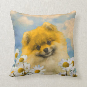 Pomeranian in Daisies Painting - Original Dog Art Throw Pillow