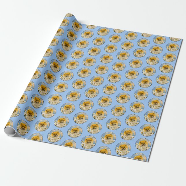 Pomeranian in Daisies Painting - Original Dog Art Wrapping Paper (Unrolled)