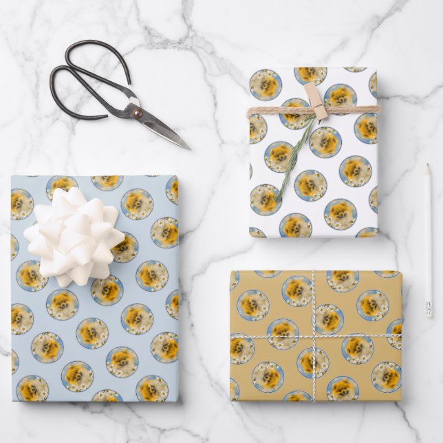 Pomeranian in Daisies Painting Original Dog Art Wrapping Paper Sheet (Front)