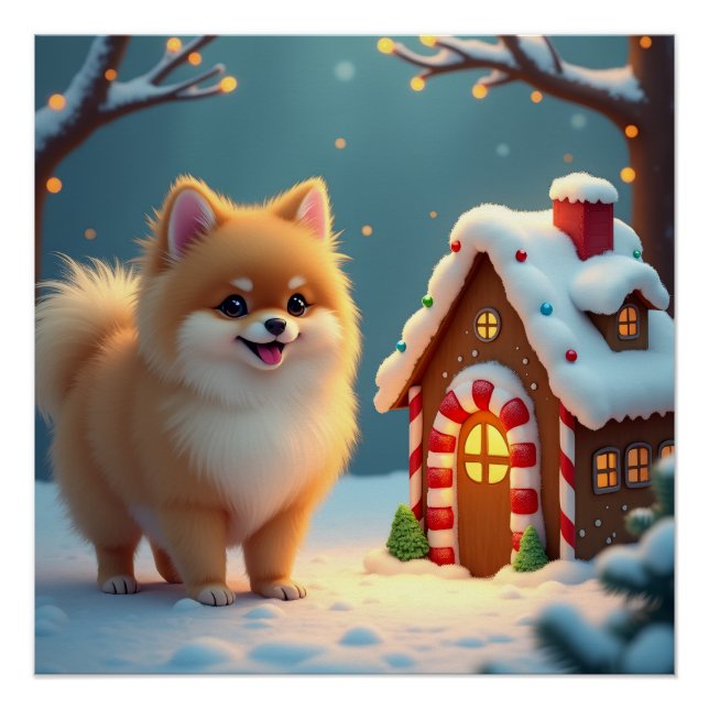 Pomeranian in Gingerbread Village Christmas Poster (Front)