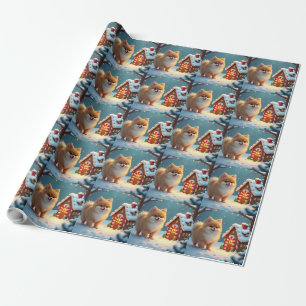 Pomeranian in Gingerbread Village Christmas Wrapping Paper