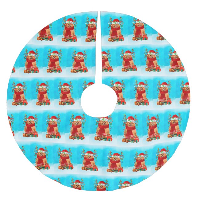 Pomeranian in snow with Christmas gifts  Brushed Polyester Tree Skirt (Front)