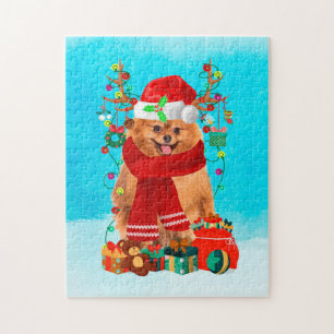 Pomeranian in snow with Christmas gifts  Jigsaw Puzzle