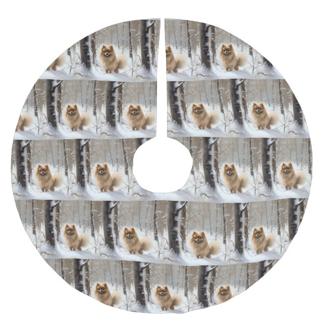 Pomeranian Let It Snow Christmas Brushed Polyester Tree Skirt (Front)