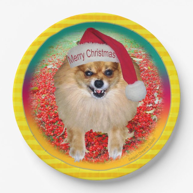 Pomeranian Marley Funny Bad Santa Dog Christmas Paper Plate (Front)