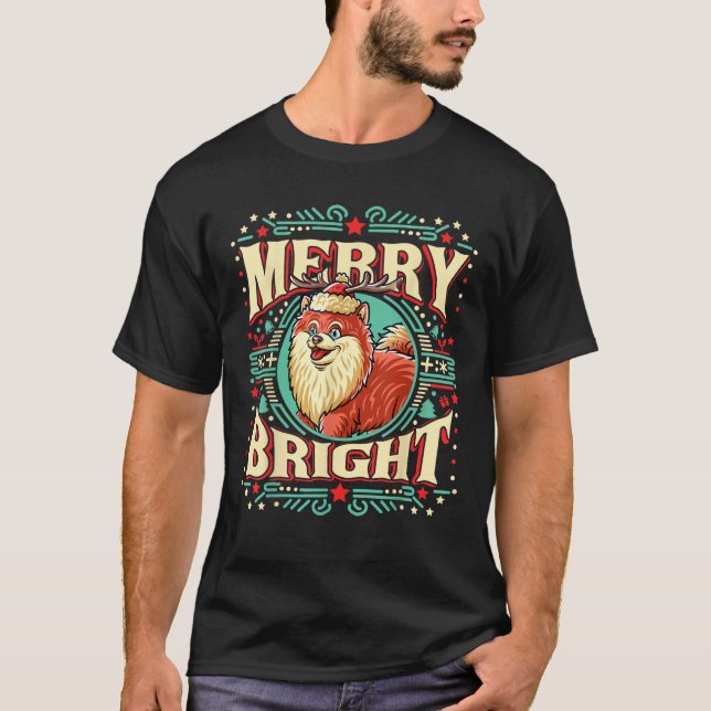 Pomeranian Merry Bright Christmas Santa Claus Dog  T-Shirt (Front)