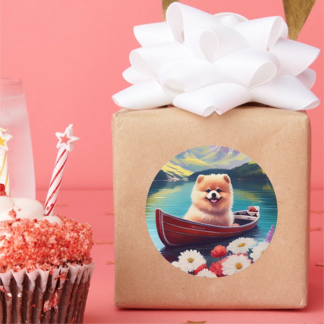 Pomeranian on a Paddle: A Scenic Adventure Classic Round Sticker (Party)