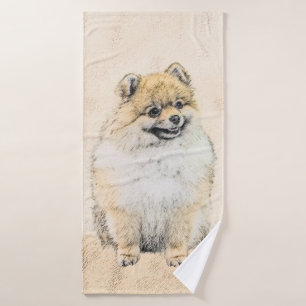 Pomeranian (Orange) Painting - Original Dog Art Bath Towel Set