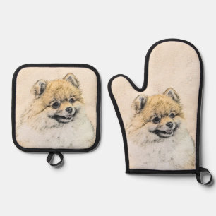 Pomeranian Painting Orange Pom Original Dog Art Oven Mitt & Pot Holder Set