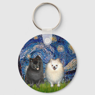 Pomeranian Pair (B+W)-Starry Night Keychain
