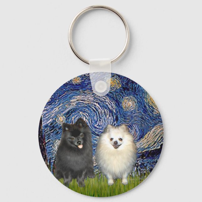 Pomeranian Pair (B+W)-Starry Night Keychain (Front)