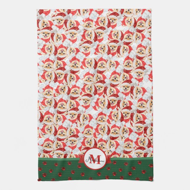Pomeranian Pattern Monogram Christmas Dog Kitchen Towel (Vertical)
