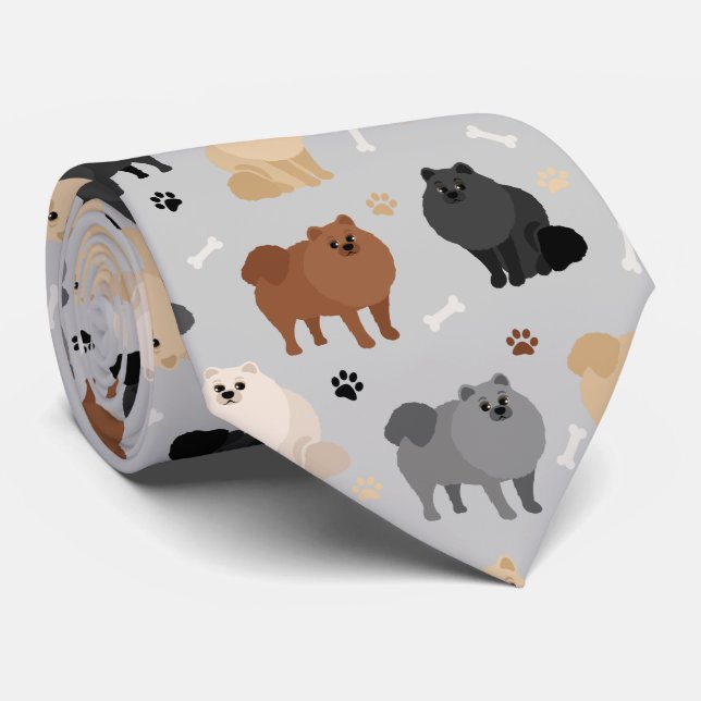 Pomeranian Paw-prints and Dog Bones Neck Tie (Rolled)