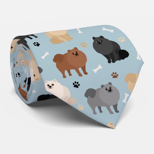 Pomeranian Paw-prints and Dog Bones Neck Tie (Rolled)