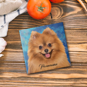 Pomeranian Portrait on Abstract Background Tile