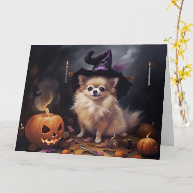 Pomeranian Pumpkins Halloween Scary  Card (Yellow Flower)