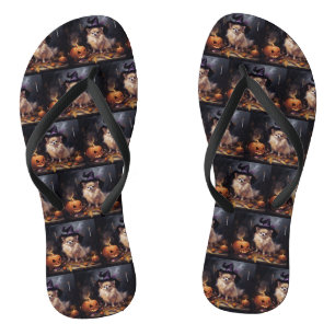 Pomeranian Pumpkins Halloween Scary Flip Flops
