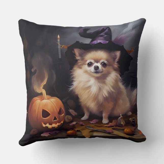 Pomeranian Pumpkins Halloween Scary  Throw Pillow (Back)