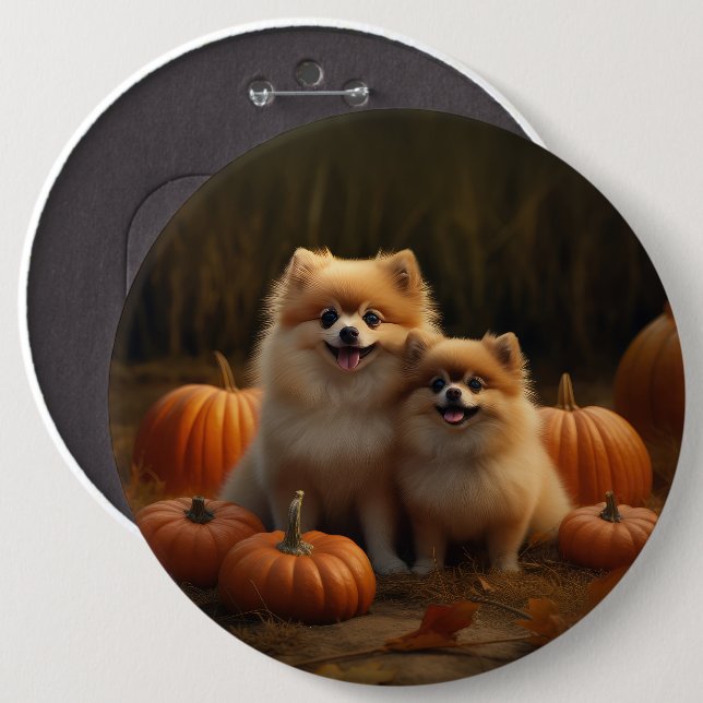 Pomeranian Puppy Autumn Delight Pumpkin 6 Inch Round Button (Front & Back)