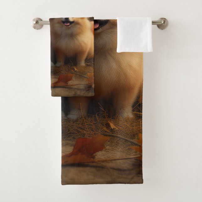 Pomeranian Puppy Autumn Delight Pumpkin Bath Towel Set (Insitu)