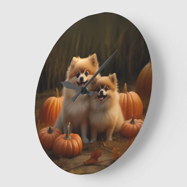 Pomeranian Puppy Autumn Delight Pumpkin Large Clock (Angle)