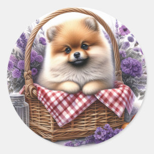 Pomeranian Puppy Dog Watercolor Wildflower Picnic Classic Round Sticker
