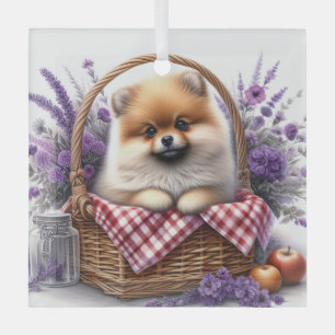 Pomeranian Puppy Dog Watercolor Wildflower Picnic Glass Ornament