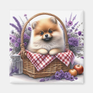 Pomeranian Puppy Dog Watercolor Wildflower Picnic Magnet