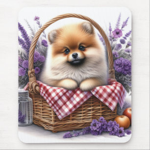 Pomeranian Puppy Dog Watercolor Wildflower Picnic Mouse Pad