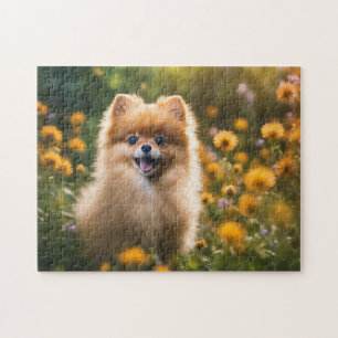 Pomeranian Puppy in Flower Field Jigsaw Puzzle